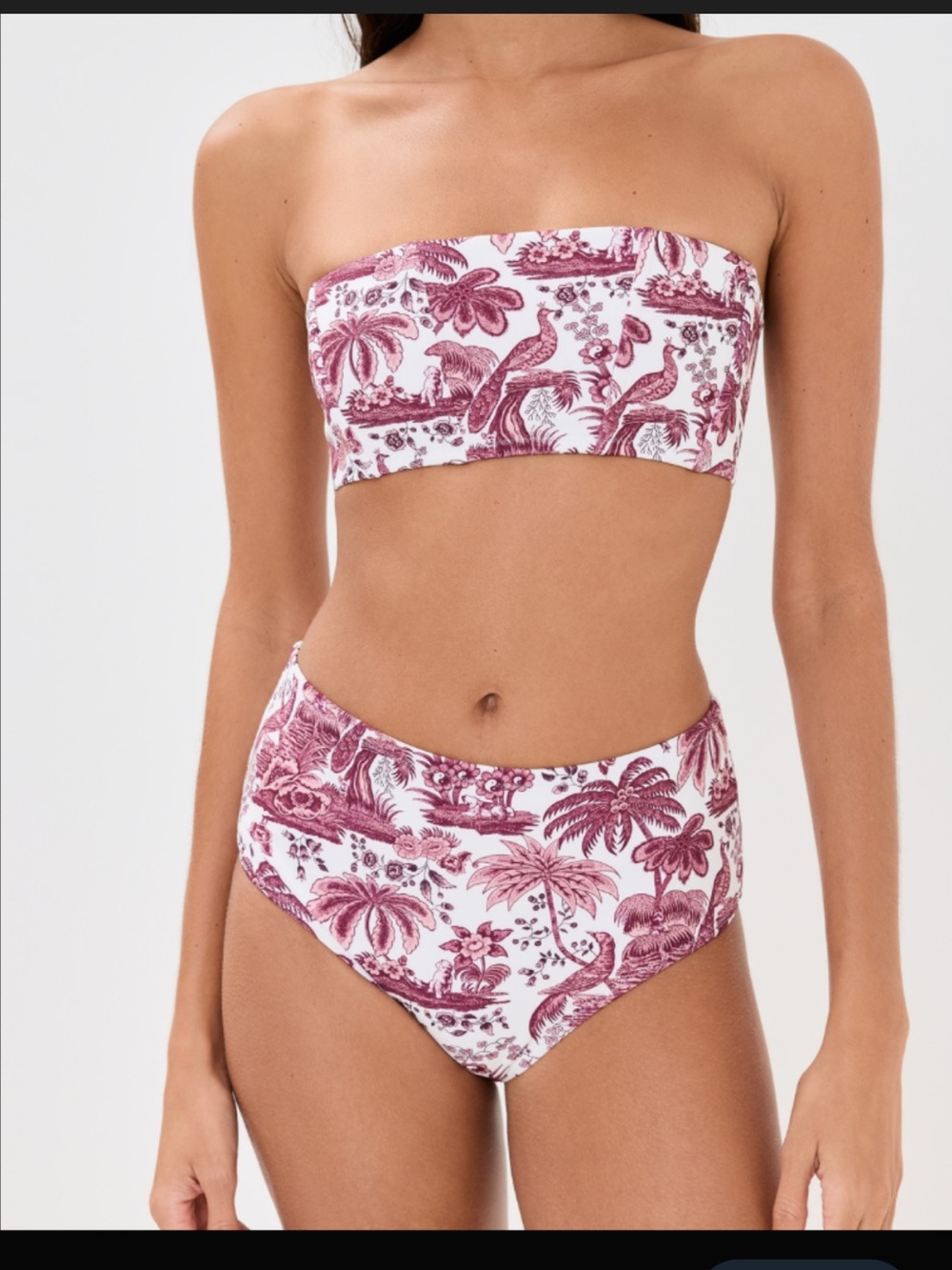 STAUD Mala White and Burgundy Tropical Print High Waist Bikini